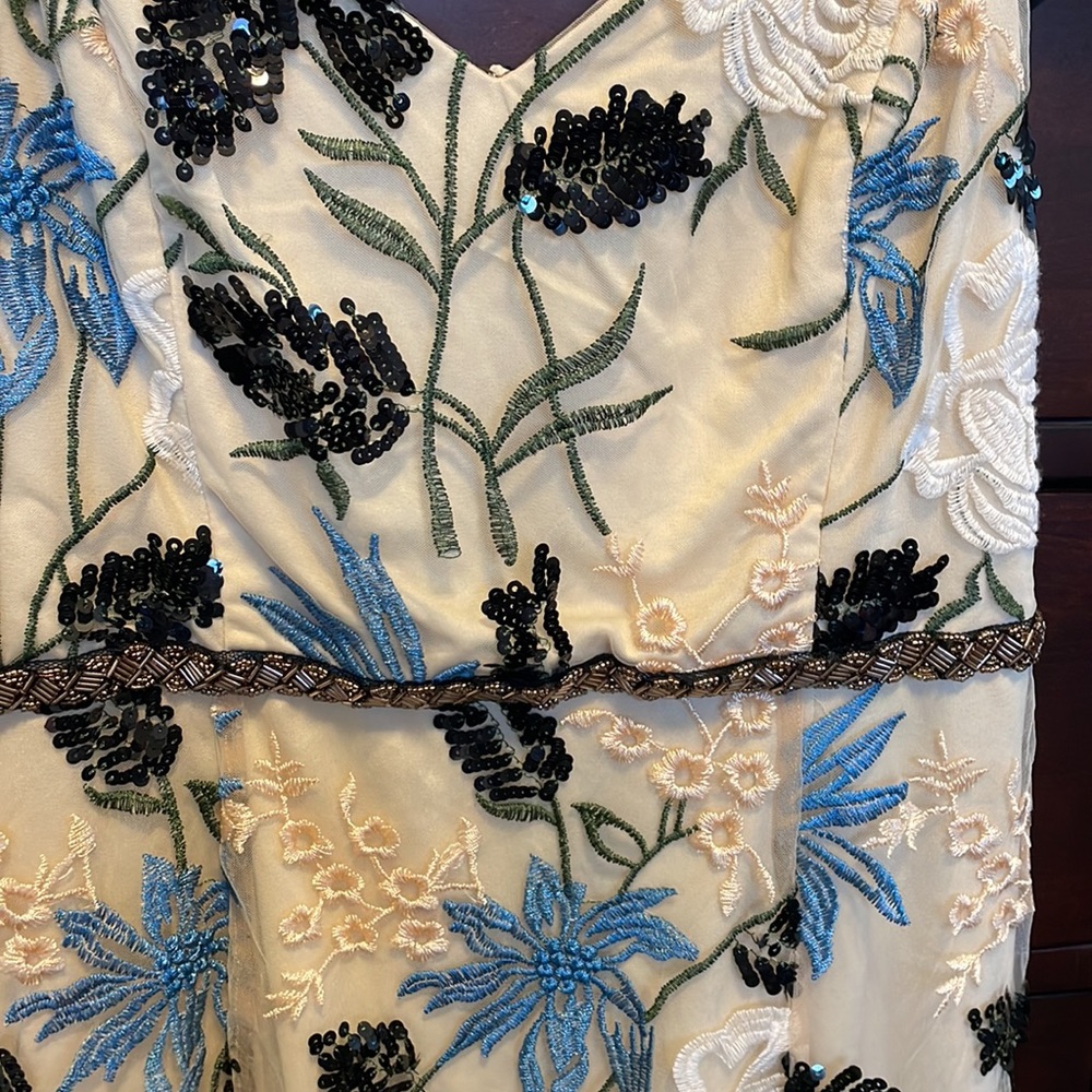 Lulu's Cream Floral Showstopper Dress with Black and Blue Accents - Picture 8 of 9